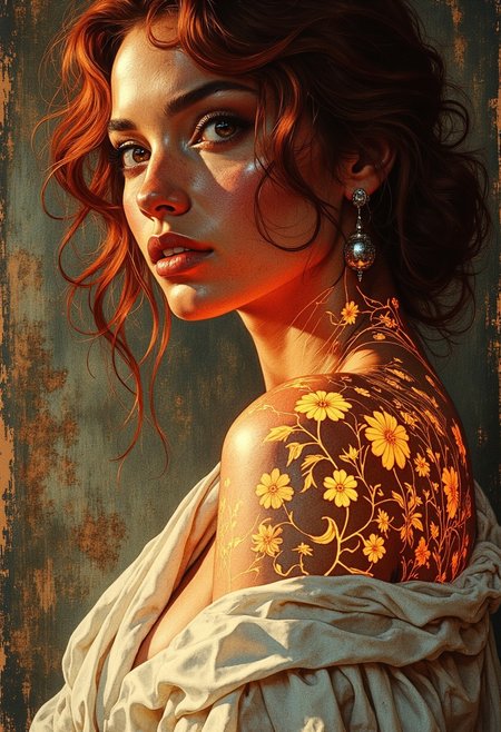 A captivating portrait of a radiant woman with deep, warm brown skin, her voluminous, fiery red curls framing her striking face. Her piercing golden-hazel eyes gleam with quiet confidence, her full lips curved into a subtle, knowing smile. A single silver earring dangles from her ear, catching the dim, moody light. Wrapped loosely around her shoulders, a soft, off-white fabric drapes effortlessly, revealing her collarbones and upper chest.
Across her neck, shoulder, and décolletage, an intricate, glowing tattoo of swirling filigree and floral patterns pulses with a molten, golden-orange light, as if alive beneath her skin. The luminescent markings cast a faint, flickering glow onto her rich complexion, emphasizing the delicate curves of her form. The soft illumination contrasts beautifully against the dimly lit, textured background—an aged, weathered wall in muted earth tones.
The lighting is moody and cinematic, with dramatic highlights accentuating her cheekbones and the shimmer of her tattoo. The atmosphere is a fusion of warmth and mystery, evoking a sense of quiet power and ethereal beauty.