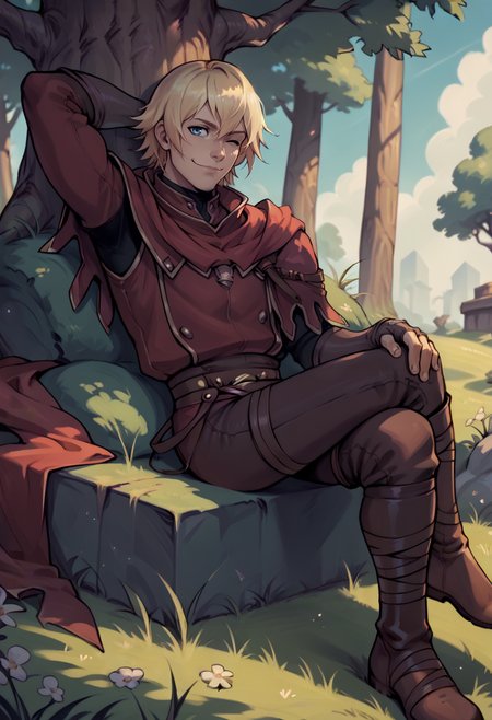 score_9, score_8_up, score_7_up, 1boy, solo, reclining, looking at you, one eye closed, smile, closed mouth, arm behind head, crossed legs, <lora:StockeRH-pdxl:1> stockeRH, red capelet, fingerless gloves, belt, pants, boots, outdoors, tree, grass, sunlight