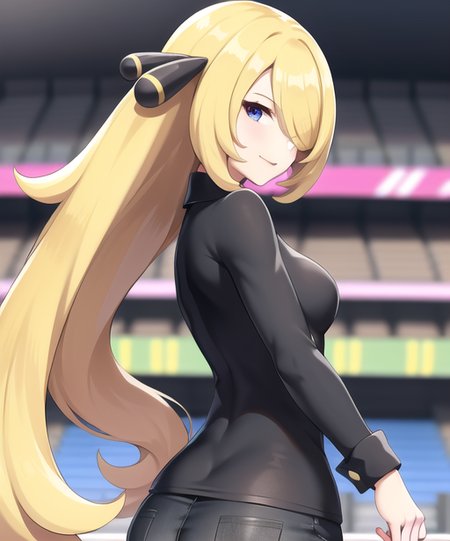 stadium, 1girl, character_pokemon_cynthia, solo, standing, from behind, from side, hair over one eye, looking at viewer, looking back, smile, closed mouth, v-neck, long sleeves, pants, hair ornament <lora:pokemon_cynthia:.5>