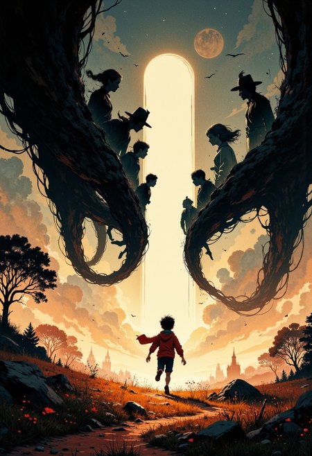 Create a beautifully detailed sketch capturing a fantastical world infused with nostalgia and shadowy intrigue. The style features clean, confident outlines with soft watercolor washes, balancing warmth and accessibility with intricate detail. The palette contrasts muted tones—warm ochres, soft reds, creamy whites—with stark, inky blacks, creating a dramatic interplay of light and shadow that evokes both innocence and mystery. The atmosphere blends vintage children’s book charm with an eerie undertone, as if balanced between reality and a shadowy dreamscape.
Characters should have naturalistic proportions and subtle expressiveness, their features gently exaggerated to reflect curiosity, resilience, or vulnerability. Dynamic shadow puppet figures may emerge in the background, their silhouettes adding to the narrative and reinforcing the duality of light and shadow. The focus will be on a specific subject—In a wide shot, Henry runs through an open field under a glowing twilight sky, chased by shadowy figures that stretch impossibly tall. The camera angle tilts, giving the scene a surreal, distorted perspective as the shadows flicker and bend, closing in around him like living walls—carefully integrated into the scene. The composition is grounded yet surreal, seamlessly merging whimsical simplicity with haunting, thought-provoking detail to invite wonder and introspection.