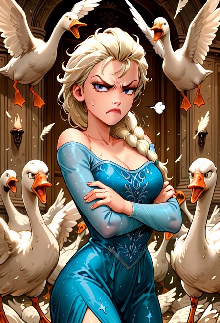 embedding:IllusP0s, f3rn4nd0, goose ambush, 6+ geese, Elsa, annoyed, blue dress, arms crossed, 1girl, solo