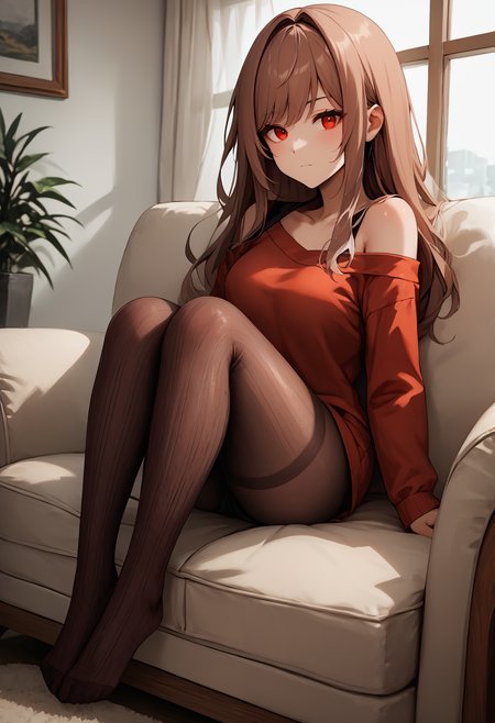(score_9, score_8_up, score_7_up, score_6_up, score_5_up, score_4_up), source_anime, 1girl, shiny skin, rapirnd, red eyes, brown hair, long hair, bangs, armchair, sitting, knees up, casual, long sleeves, single bare shoulder, knit tights, pantyhose,<lora:PXL\Cotton Tights><lora:PXL\RapiNikkeRichy>