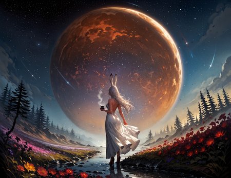 score_9, score_8_up, score_7_up, score_6_up, score_5_up, score_4_up,  rating_questionable, 20yo girl, 1girl, viera, solo, tall, white dress, red trim, a woman with white hair, Brom, beautifully backlit, fantasy art, dark skin, long hair, rabbit ears, white hair, space traveler, otherworldly, ethereal, atmospheric, star sky, (cumulonimbus clouds:1.3), sweat, full body, romantic, drinking coffee, high heels, view from behind, view from below, plants, flowers