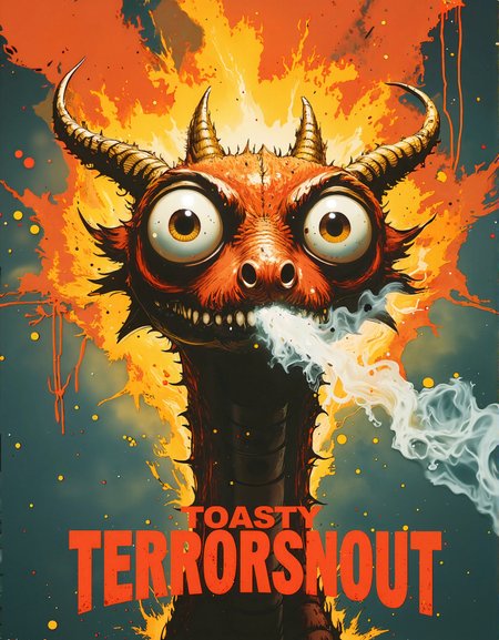Cartoonish dragon taking a deep breath to spit fire but all that comes out of his mouth is some smoke, funny, big eyes.