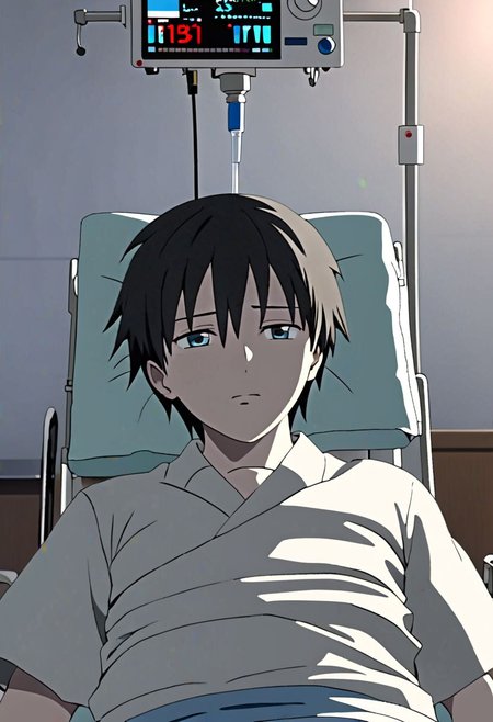 Highres, Masterpiece, High Quality, 4K, 8K, solo, 1Boy, Takaki Toono, adult, black hair, short hair, inpatient room, supine, patient, soft light, hospital, medical furniture, sleep, pale, infusion, tired, sick, uncomfortable, easynegative, detailed_eye_model