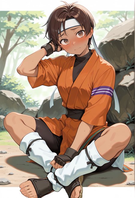 1girl, dark skin, brown hair, short hair, brown eyes, japanese clothes, headband, bike shorts, fingerless gloves, leg warmers, sitting, rock, indian style, embarrassed, hand behind head, head tilt <lora:wakaba_illus:1>, masterpiece, best quality, amazing quality, very aesthetic, absurdres, highres, newest