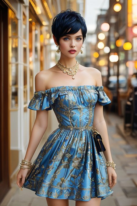 masterpiece,best quality,ultra_detailed,<lora:BellissimaSD1.0:0.8> bellissima, 1girl , <lora:WestwoodStyleSD:1> westwood style, haircut style pixie, dress, shoulder bag  ,by Ellen von Unwerth