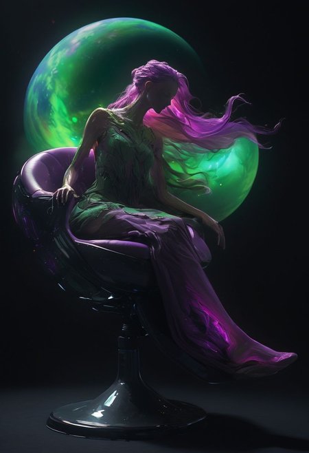 super closeup portrait, Capturing the essence of cosmic serenity and earthly vigor, depict a woman suspended in her office chair amidst the vast expanse of space. Her surroundings are a vibrant mix of colors, with deep blacks contrasting against vivid hues. In the distance, translucent planets in shades of purple and dark green add to the surreal atmosphere. Her long hair billows freely in the weightlessness of space, embodying a sense of boundless freedom and graceful motion.
deep Blacks, very detailed, atmospheric haze, Film grain, cinematic film still, shallow depth of field, highly detailed, high budget, cinemascope, moody, epic, OverallDetail, 2000s vintage RAW photo, photorealistic, candid camera, color graded cinematic, eye catchlights, atmospheric lighting, imperfections, natural, shallow dof