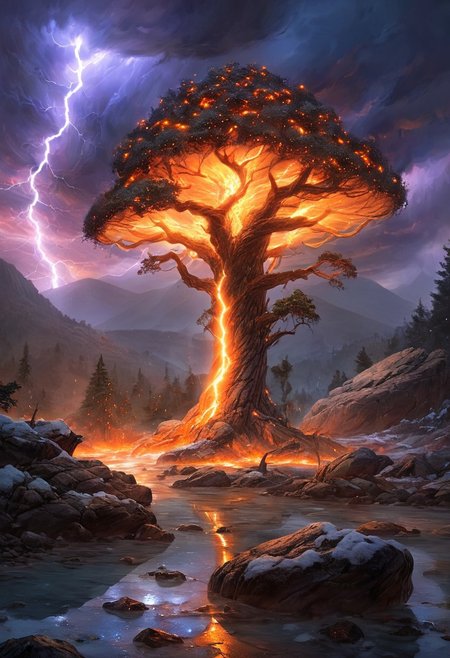 (by Ellen Jewett:1.5), (Fiery orange Bioluminescent Impressionism with lightning, mountain landscape, The Dreamland, Gibson Great  Mountains, rock, sky, giant tree, great grand tree on mountains, great fire, great lightning, great great magical tree, sunset, sunrise , stream, lightining, snow and ice, ethereal landscapes, depth of field, biotech emotion:1.3) <lora:xl_more_art-full_v1:0.5> <lora:add-detail-xl:1> <lora:RMSDXL_Creative:2>