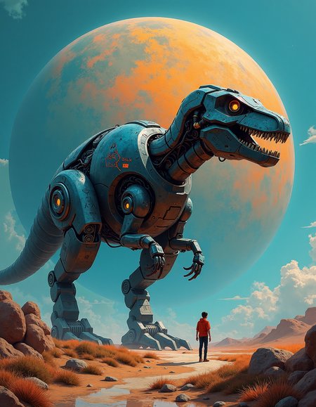 luminism art by Aleksey Savrasov and Iain Faulkner, As an Earth shaped robotic dinosaur takes center stage, it is transformed into an unexpected sight! A vibrant arrays with advanced machinery. But this time this planet comes alive, each one a different technological advancement for our own to be explored through high tech technology as we come closer together and evolve the natural wonders surrounding this fascinating terrain! This surrealism takes you on a thrilling journey through space.  Muted rainbows Soft suede, polished rose quartz, and champagne gold,, Russian landscape painting, realism, atmospheric effects, poetic mood, soft brushwork, Contemporary realism, urban landscapes, solitary figures, reflective moments, dramatic lighting
