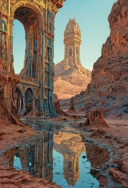 appears trapped in an optical illusion of reflections and refractions. Illustration by moebius, a tower in a desert, intricate details, natural lighting, volumetric lighting maximalist. intricately detailed, complex, elegant, expansive, fantastical, film photography style,  medium grain, FRESHIDESH Moebius comic book