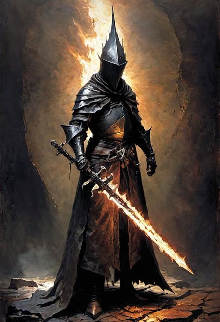 videogame art of profane (((Abyss Watchers)))
wearing (ragged, brigand, holding a giant metal flame shaped sword,  leather tunic, metal plates and cloth, pointy shaped helmet, sewn together), gothic, legion,  by Jean-Baptiste Monge and Nicola Samori, Nazgul from lord of the rings, coif leather, holding a parchment script scroll