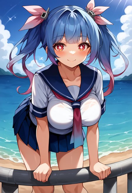 score_9, score_7_up, hd, (ultra hd quality details), source_anime, outdoors, ocean,
solo, 1girl, kciku, gradient hair, tri tails, twintails, long hair, hair ornament, hair ribbon, large breasts, star-shaped pupils,
school uniform, short sleeves, gradient neckerchief, blue skirt, pleated skirt,
looking at viewer, blush, smile,
leaning forward, standing,
<lora:_i-19-elesico-pony:1>