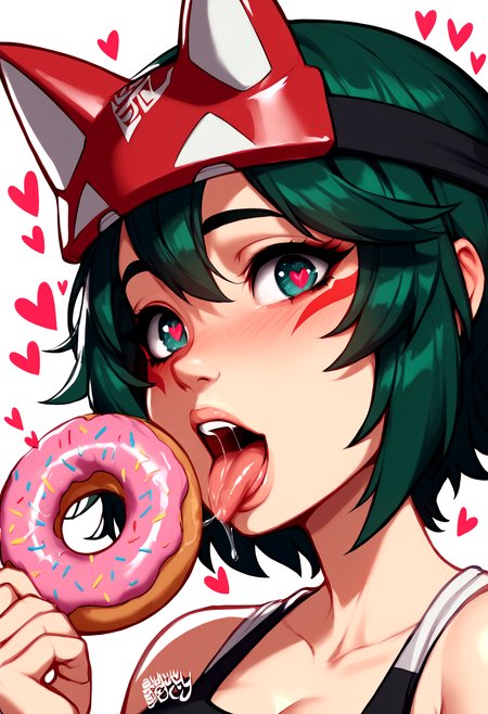 score_9, score_8_up, 2D, blushyspicy, 1girl, solo, face closeup, angled shot, from side:0.6, kiriko, dark green hair, short hair, large eyes, heart shaped pupils, about to bite into donut, donut:1.2, donut in front of face, open mouth, tongue out, saliva,  heart symbols:0.8, <lora:BlushySDXL:1>