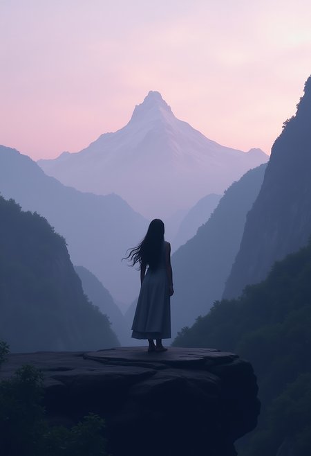 Explore a tranquil minimalist retreat nestled among towering mountain ranges. As dusk slowly encroaches upon the landscape, daylight dims to reveal a single peak shrouded in hues of soft purple and charcoal gray. An introspective figure stands in solitude on a raised platform, a silhouette silhouetted against the skyline as if suspended between earth and heaven. Her long hair flows freely, a serene dance mirroring the movement of fallen leaves in the surrounding air. Suffused with the colors of twilight, her form creates a subtle contrast against the muted tones of the environment. In this sparse yet harmonious scene, focus on capturing the quiet serenity found within simplicity and the interplay of shadow and lightâa testament to the beauty inherent in minimalistic art.