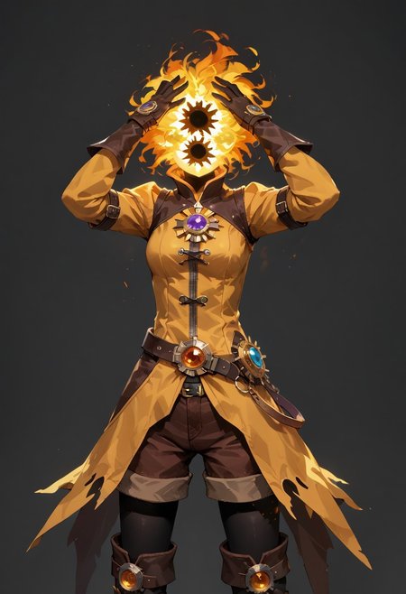 score_9, score_8_up, score_7_up,
lord_of_frenzy, fire head,
novakin, faceless, no eyes, no mouth, no nose, no facial features, short fiery yellow orange hair, body made of black plasma,
open hands, hands on face front,
hands on own head, 
magical girl outfit, (steampunk dress:1.1), boots, (brown shorts:1.1), black tights, medium breasts, belt, gloves, 
simple background, grey background,