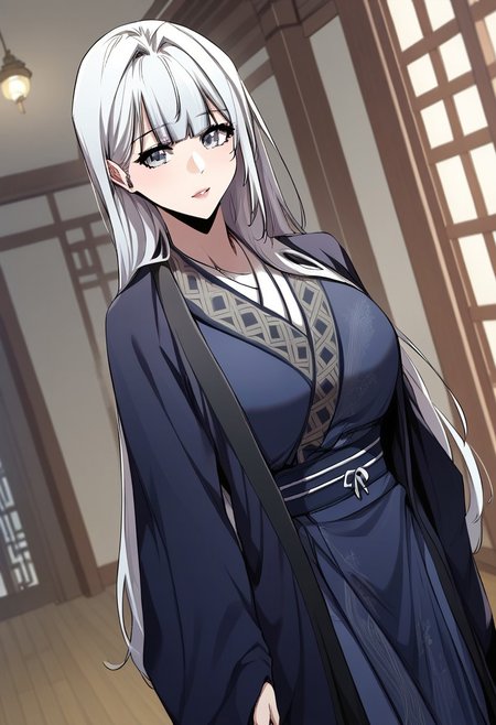 score_9,score_8_up,score_7_up,score_6_up,blurry, blurry background,1girl,namgoong,solo,breasts,grey eyes,large breasts,long hair,white hair,bangs,japanese clothes,kimono,robe,wide sleeves,posing,volumetric light,indoors,living room,cowboy shot, dutch angle