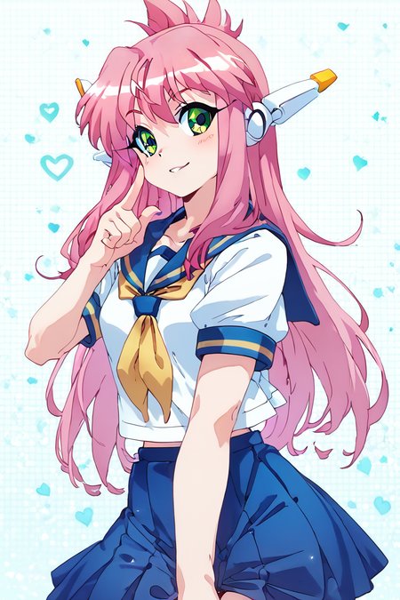 score_9, score_8_up, score_8, medium breasts, (curvy), cute, eyelashes,       BREAK, , zzNukuNuku, green eyes, pink hair, long hair, robot ears, school uniform, serafuku, blue skirt, white shirt, <lora:NukuNuku_PDXL:0.8>, , BREAK, (warm colors), smile, looking at viewer, cowboy shot, embedding:zPDXL, Expressiveh, <lora:PrismaIllya_PDXL_v3:1.0>,  <lora:SDXLFaeTastic2400:0.5>,  <lora:Expressive_H-000001:0.4>,