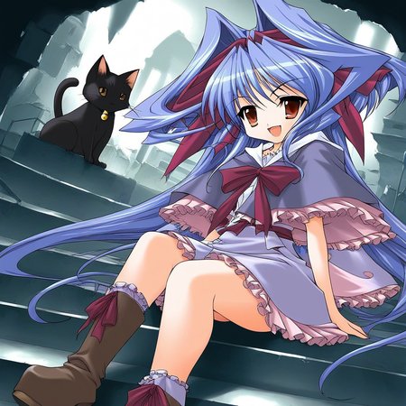 score_9, score_8_up, score_7_up, source_anime, rating_explicit, BREAK  <lora:Shion_mahjong_XL:1> Shion_mahjong, very long hair, blue hair, hair bow, hair intakes, brown eyes,  short stack,
cat, solo,  sitting, stairs, dress, black cat, purple hair, capelet,  red eyes, hair ribbon, bow, smile, open mouth, boots, 
ruins, cave,