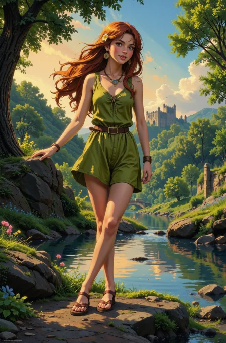 dreadlocks auburn hair young woman, druid, anime, illustration, extremely detailed, portrait, standing, happy smile, flower in hair, glossy lipstick, celtic necklace, tulip earrings, loincloth, sandals,  Lime Green druid short dress, legs, sharp focus, fantasy, celtic landscape, small rock, moss, ripples, reflections, celtic  castle, small river pond, druid forest, druid village, stunning nature environment, enchanted land, clovers, Bright Pastel Blue flowers, best quality, colorful, wet floor, bright sunny sky, sunset, raytracing, hdr, high contrast, ethereal natural lights, backlight, lens flare, shadows, vibrant colors, colorful, pretty, beautiful, happy, smiling, feminine, sexy, lovely, in love, adorable, fashion,  <lora:Hand v2:1> <lora:Anti-Blur:1><lora:Insane Detail Slider:0.5>  <lora:flux.1_lora_flyway_Epic-detail_v2:0.3><lora:fluxenhancer:0.5> <lora:RetroAnimeFluxV1:0.4> <lora:Luminous_Shadowscape:0.4> <lora:SujatmikoArafuru_Flux:0.2> Suzume style