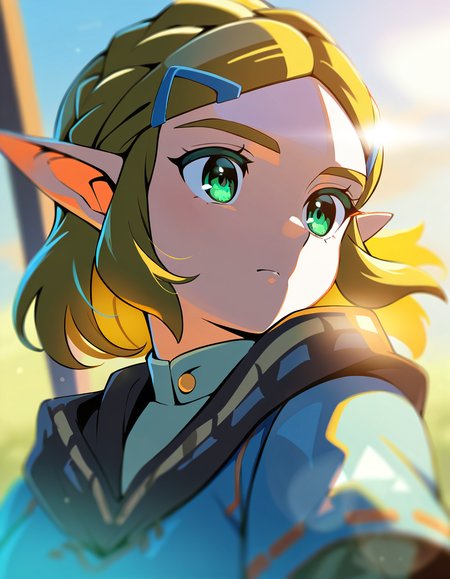 masterpiece, best quality, good quality, newest, the legend of zelda, Zelda, very aesthetic, backlighting, lens flare, (solo focus:1.2),  depth of field, cinematic, 1girl, solo