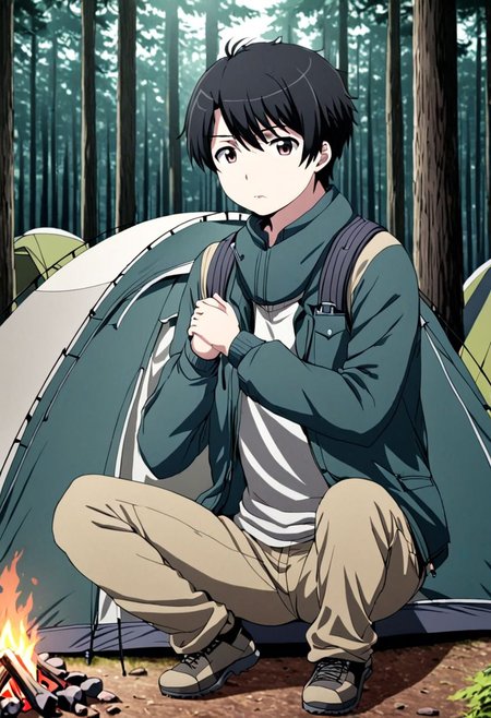 high resolution, solo, best quality, 1Boy, Inaho Kaizuka, Black Hair, forest, camping, OverallDetail