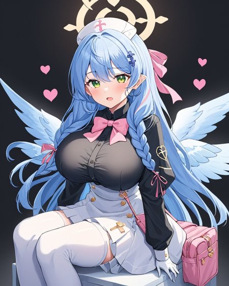 mine \(blue archive\),1girl, solo, breasts, looking at viewer, blush, open mouth, skirt, large breasts, simple background, shirt, hair ornament, gloves, long sleeves, hat, ribbon, holding, sitting, braid, heart, parted lips, wings, white gloves, bowtie, bag, black shirt, buttons, halo, white skirt, pink bow, shoulder bag, nurse cap, pink bowtie, white bag
<lora:Mine_image51_v1-000045:1>,halo,. gorgeous,key visual, vibrant, studio anime,award-winning, professional, highly detailed,high budget, cinemascope