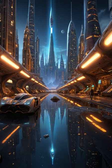 stylized by Bob Eggleton, landscape of a the skyline of a Sci-Fi city is illuminated by the soft glow of a spacecraft, surrounded by towering buildings and glowing lights. Frightening, detailmaximizer, midjourneyv6.1 Worm’s-eye view,
Focus on [object/person],
Reflection,
realistic Photography, PA7_sdxl-Photo
