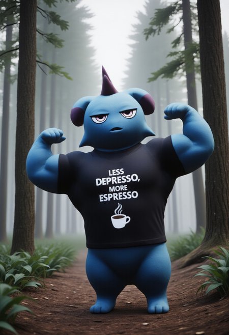 Anthroid blue Depresso standing in forest at night. Depresso is wearing a black t-shirt with white text "LESS DEPRESSO, MORE ESPRESSO" with a coffee mug logo in center. flexing arm and looking at viewer with a smug grin