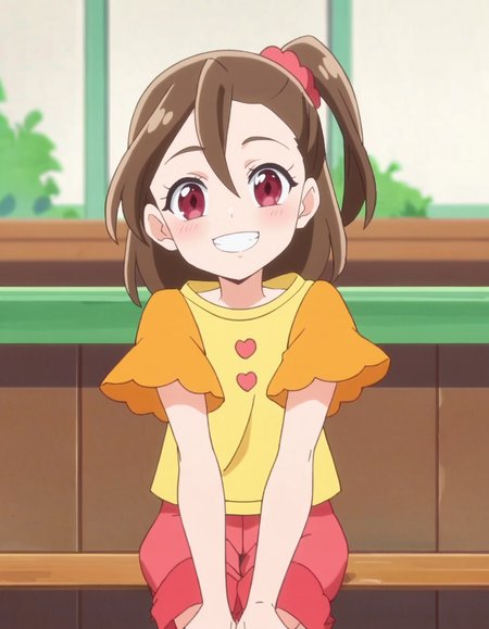 score_9, score_8_up, score_7_up, anime screencap, solo,1girl,sakurahamori,  smile, red shorts, looking at viewer, scrunchie,  yellow shirt, hair ornament,cowboy shot, blush,sitting,grin<lora:sakurahamori_pony:0.8>