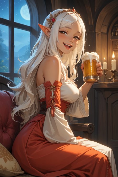 1girl, solo,
large breasts,
EniripsaDG,
brown eyes, pointy ears, dark-skinned female, white hair, long hair, 
detached sleeves, hair ornament, tube top, toeless legwear, dress,
medieval fantasy,warm light,night star in window,night,Candles, exquisite medieval room,
in bedroom, upper body,side view, hold beer,happy,looking at viewer,
sitting,half-closed eyes,blushing ,laugh,
<lora:sdxl_lightning_8step_lora:1>
<lora:EniripsaDG PonyXL v01:0.8>
score_9, score_8_up, score_7_up,score_6_up,
hyper-Detailed,masterpiece, best Quality,film Grain,