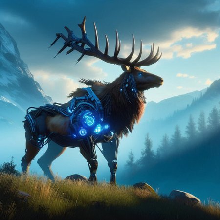(Ultra Realistic:1.0),32k,(Masterpiece:1.0),(High Detailed Skin:1.0),( High Quality:1.0), (Detailed Realistic Background:1.3), (Official Art, Beautiful and Aesthetic:1.2), (Realistic Lighting:1.0), glowing, day, science fiction, nature, grass, deer, scenery, mountain, non-humanoid robot, forest, "An imposing, machine-like elk standing majestically on mountain edge looking at sky, its intricate mechanical parts inspired by the Horizon Zero Dawn style. The elk’s body is a blend of organic and metallic elements, with glowing blue lights coursing through its frame, reflecting the technological sophistication of a bygone era. Its angle are vast and sharp, made of gleaming steel, resembling a regal crown.
The scene is set in a deep of field, epic cinematic lighting, view from below dramatic sky with beams of cinematic light piercing through the canopy, casting dramatic shadows across the elk’s form. The atmosphere is epic and tense, as the elk stands still, as if inspecting its surroundings with quiet intelligence. The mood is both mysterious and foreboding, emphasizing the contrast between nature and technology, framed in high resolution and intense detail, evoking the visual grandeur and storytelling depth of Horizon Zero Dawn."