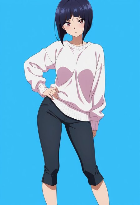 masterpiece, best quality, amazing quality, anime coloring, anime screencap,  1girl, inverted bob, white sweater, capri pants, black pants,  black hair,  blue background,  simple background,   contrapposto,