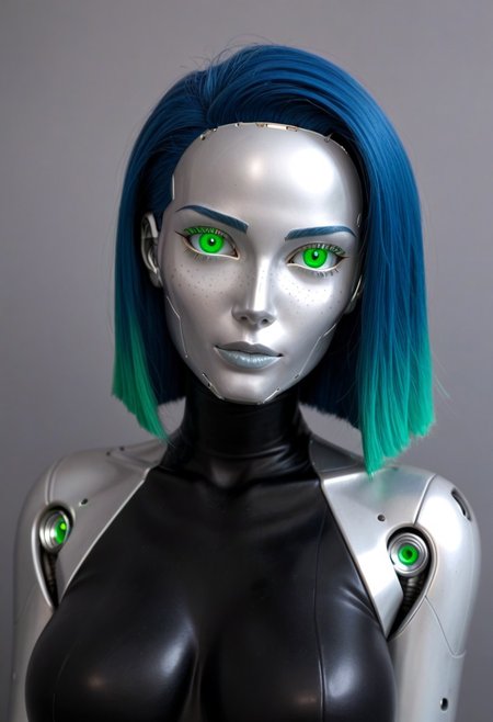 solo, A 35mm photo of  a beautiful 20 year old woman, she is a humanoid robot , robotic body, emerald green robotic eyes, freckles, smooth featureless silver grey robotic skin, robotic aerials, metallic dark blue hair, elegant black latex bodysuit with white trim
TheFaceLess