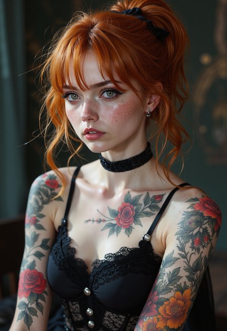 A photorealistic portrait of a striking young woman with tousled orange hair styled into a playful ponytail with loose strands framing her face, tied with a black velvet ribbon. Her pale skin glows softly under diffused daylight, contrasted by dark, dramatic eyeliner and smoky eye makeup that accentuates her large, expressive hazel eyes. She wears a deep plum lipstick that adds a sultry edge to her look.she wears atank top , a black lace choker, complementing her arms adorned with beautifully detailed, colorful floral tattoos featuring roses and gothic-style embellishments. . The background is softly blurred with muted tones, emphasizing her vibrant yet dark allure, creating an intriguing balance between edgy and ethereal, small earings 
 <lora:flux.1_lora_flyway_Epic-detail_v2:0.7> <lora:VividlySurreal:0.6>