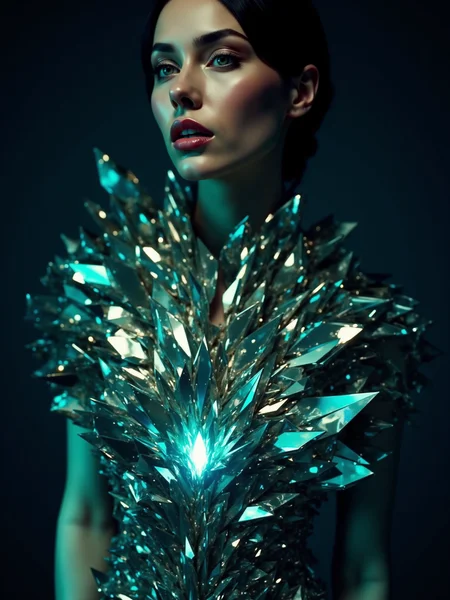 A half-body portrait focusing on the neckline and collarbone area of a female model. She wears a dress where the upper part is formed from larger, angular crystal shards, rendered in striking hyperreal detail, that appear to grow organically around her. Each shard has a powerful futurism hyperreal iridescent quality, reflecting intense studio lights in vibrant blues and greens. Some of the central crystal shards are intensely glowing from deep within, casting dramatic light upwards and creating sharp, surreal reflections on her skin and the nearby fabric. This digital art piece is captured with cinematic lighting to emphasize the glowing, reflective, intricate, hyperreal crystalized texture and create a bold, high-fashion statement.
<lora:ral-iridescent-hyperreal-futurism-flux_000003000:1>