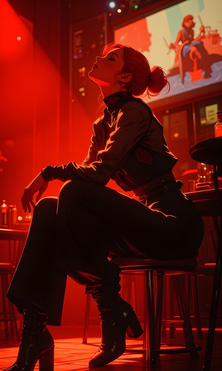 A woman with vibrant red hair styled in a high bun is seated on a stool, her head tilted back and eyes closed. The camera captures her from a slightly low angle, emphasizing her relaxed posture and the details of her outfit. Warm, reddish lighting dominates the scene, casting a moody glow that highlights her features and creates deep shadows around her. The light source appears to be off-camera, possibly from stage lights or ambient bar lighting, giving the image a dramatic and intimate feel. In the background, blurred elements such as tables, chairs, and a screen suggest a dimly lit bar or club setting. The composition focuses on the woman, with her black lace top, wide-legged pants, and chunky boots drawing attention. The surrounding environment, though out of focus, adds context to the scene, creating a sense of being in a lively yet subdued nightlife atmosphere.
BREAK anime, d13s3lp2nk, bboil artist style, OBdonman, Anime art, <lora:FLUX\Anime Art V3:0.2>, <lora:FLUX\Synesthesia:0.2>, <lora:FLUX\RetroAnimeS1.1:0.5>, <lora:FLUX\Flux-jijia:0.1>, <lora:FLUX\It's a LoRA for portraits, BUT! actually specialized in backgrounds. v1.0:0.1>, <lora:FLUX\GLSHS:0.2>, <lora:FLUX\Dieselpunk Delight - s0_9 g4:0.4>, <lora:FLUX\OBdonman, anime0style portrait:0.1>