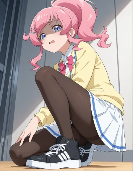 1girl, momoyama mirai, kiratto pri chan, 
solo, anime coloring, disgust, on one knee, from below, full body, from side, half-closed eyes, pink hair, long hair, high ponytail, swept bangs, sidelocks, hairpin, blue eyes, small breasts, yellow jacket, collared shirt, bowtie, red bow, pleated skirt, white skirt, looking at viewer, miniskirt, red bowtie, long sleeves, shadow, sneakers, raised eyebrows, black footwear, shoes, bow, shaded face, jacket, school uniform, breasts, pantyhose, open mouth, skirt, shirt,
best quality, very aesthetic, newest, masterpiece, absurdres, highres, anime screenshot, safe
 <lora:il-prichan-mirai1.0:1>