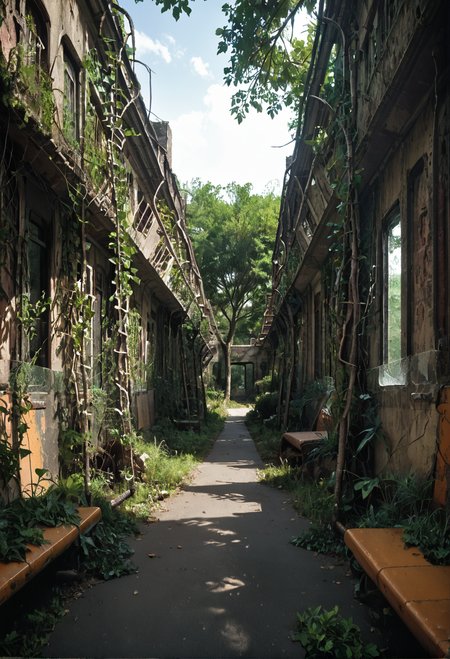 ,ruanyi0777,moss,vines,overgrown,tree,ruins,broken window,outdoors,cityscape,sidewalk,ground vehicle,vehicle focus,road,lamppost,,ruanyi0774,belly chain,garter belt,apricot underwear,apricot thighhighs,1girl,solo,<lora:0777 no one world_v1_pony:1>,<lora:0774 Sexy lingerie 12_v1_pony:0.7>, score_9,score_8_up,score_7_up,,8k,1girl,solo,