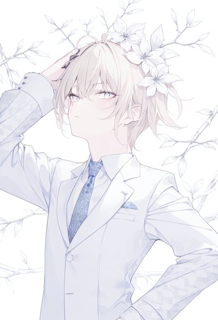 strange head,branch head,1boy,necktie,male focus,formal,suit,solo,shirt,upper body,jacket,white background,long sleeves,collared shirt,no humans,solo,flower head,partially colored,colorful_necktie,
[ unmoving pattern],
masterpiece,absurdres,newest,[dynamic pose],flower replace the head,rurudo