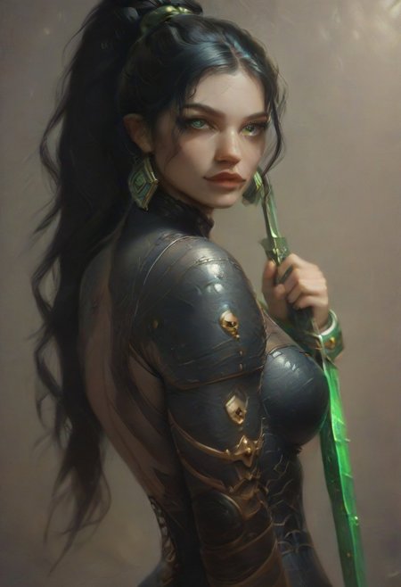 (score_9, score_8_up, score_7_up), score_6_up, best quality, masterpiece, extreme detail, perfect lighting, 4k, 2d, very detailed, best quality, highly detailed texture, depth of field, masterpiece, BREAK, 1girl, ChelXLP, chel, majestic,beautiful bright pupils, black hair, ((ponytail)), green earrings, cute face, (gorgeous face:1.3), (skin detail:1.3), (shadows:1.3), (oily, shiny:1.3), long hair, massive firm breasts,perfect body,bubble butt,
((( Callidus assassin, black bodysuit, wrist blade))), 
((relaxed)), detailed, intricate details,flowing hair, long wavy hair, fantasy, solo focus,epic, concept art, realistic, highly detailed, realistic, (front view), dark skin,Sculpted grace