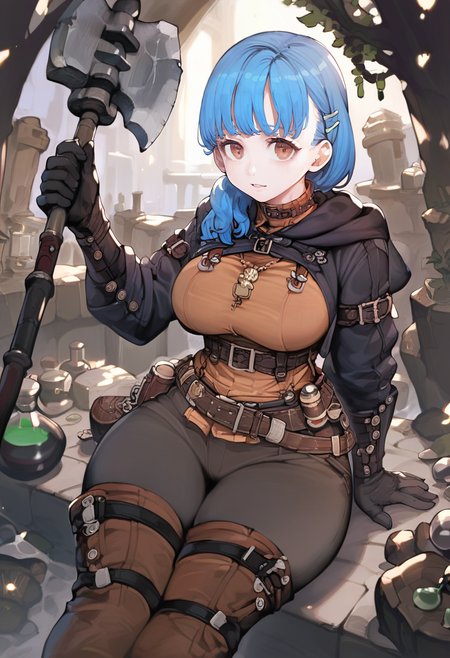 score_9, score_8_up, score_7_up, score_6_up, <lora:navigaviXL_P6_lokr_V53P1:0.95>  1girl, blue hair, gloves, solo, breasts, brown eyes, boots, holding, weapon, thigh boots, black gloves, pants, medium hair, looking at viewer, bangs, potion, belt, holding weapon, large breasts, long sleeves, staff, hair ornament, thighhighs, hood down, necklace, brown footwear, axe, hairclip