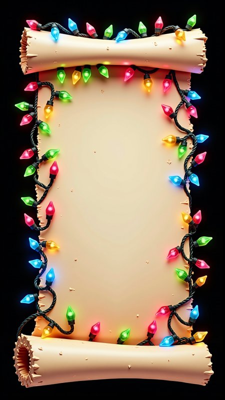 A beautiful render of a ChristmasLightsStyle weathered scroll. 
<lora:ChristmasLightsStyleFlux:0.9>