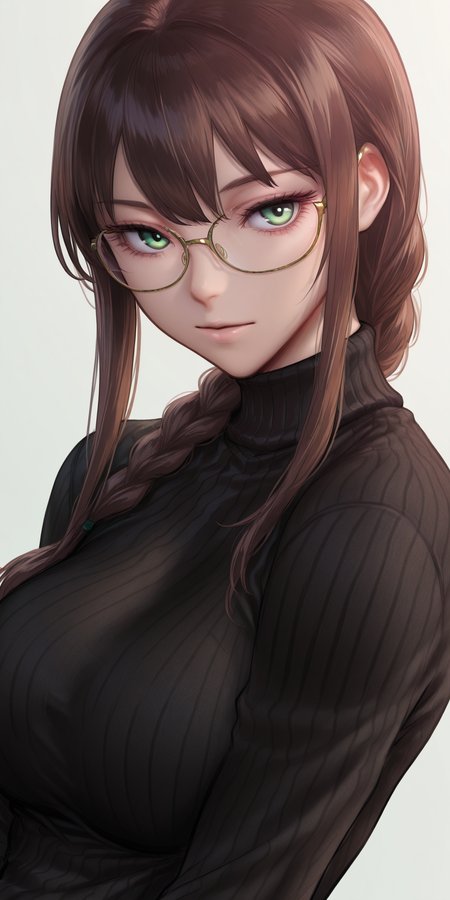 {{amazing quality, best quality, high quality, very aesthetic}}, 1girl, solo, looking at viewer, simple background, looking at viewer, eyelashes, brown hair, single braid, green eyes, bangs, glasses, large breasts, black sweater, turtleneck, expressionless
 <lora:Artgerm_Illustration_Illustrious:0.9>