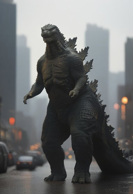 Score_9, score_8_up, score_7_up, score_6_up, zPDXL3, wide shot, monster focus, BREAK, realistic,hyperrealism,ornate,studio photograph, skinny Godzilla kaijuu,gigantic monster, model_buildinga, model_kit_(medium), city skyline, plastic buildings, forced perspective, blurry background, building, outdoors,