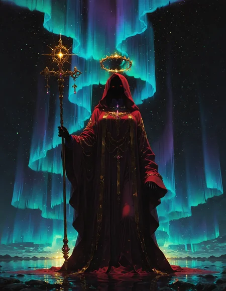 masterpiece, best quality, amazing quality, <lora:DarkFantasy_v3_Buns:0.55>, Aurora Priest, shimmering multi-colored robes, glowing halo, radiant staff, northern lights, masterpiece, best quality, amazing quality