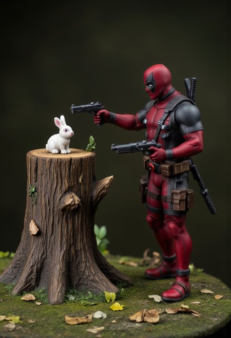 Deadpool standing next to a tree stump with a cute white bunny sitting on it. Deadpool is aiming two pistols at the cute white rabbit sitting on the tree stump. Photograph, realistic, higly detailed, atmospheric perspective. aidmaTableTopMiniatures, aidmaMJ6.1