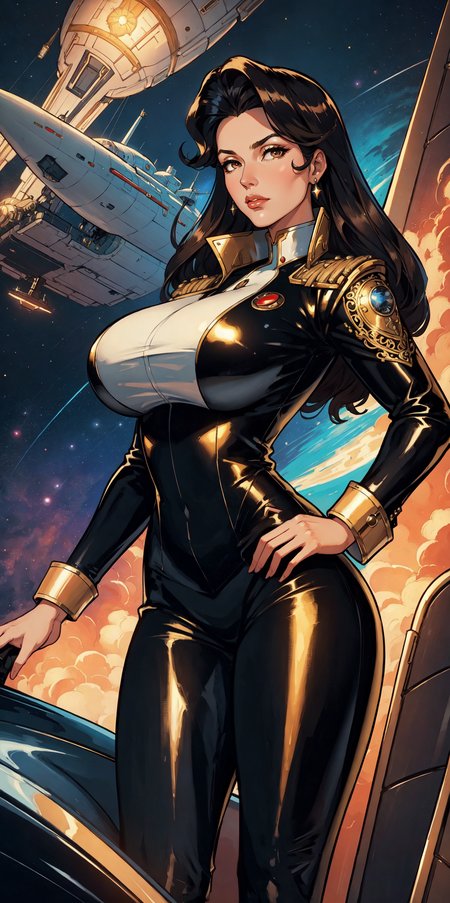 oil painting portrait female space ship captain baroque-style uniform retro-futurism sleek leather and chrome haughty and beautiful background launching pad for a shiny ornate fantastic rocket ship