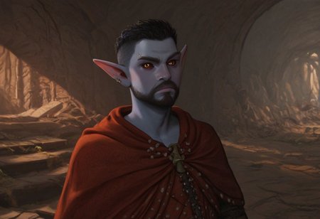 solo, short pointy ears, piercings, random elf face, aquiline features, male dark elf, masculine, long beard, weathered skin, large nose, athletic build,  animated realism, zoomed out, Syrian features, torso, brass pipes and gears, intricate architecture, dwarven masonry, dwemer fixtures, white-green light, gloomy lighting, ancient ruins, interior, stone tiled floor, grey-blue skin, mahogany and ivory clothes, medium armor, bone plate armor, ivory straps and fittings, grey wood neckguard, dark red sclera, black pupils, distant mushroom forest, blue-green light, neon, highly detailed, defined features, looking at viewer, three quarters view, from front, dynamic lighting, 56 years old, light and shadows, patterned cloth, annoyed expression, expressive eyes, detailed medieval clothes, short hair, wavy hair, thick hair, beaded hair, braided hair, under cut hair, semirealistic, alien elf, spanish features, jewish features, black hair, dark red hair, umber skin, sharp features, pastel green berber print cloak, nighttime, high detail, absurdres, pretty eyes, detailed eyes, yellow eyes,