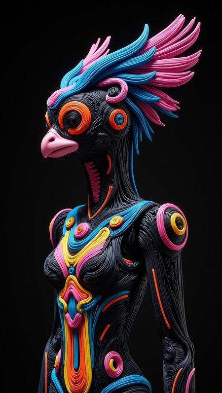 <lora:flux-licoricestyle.safetensors:1> made out of  Licorice, A fantastical creature with striped, animal-like features, blending the familiar with the exotic.
A futuristic humanoid robot, its avian-inspired headpiece adorned with vibrant blue and pink feathers that seem to pulse with energy. Its mechanical body is a masterpiece of precision engineering, featuring geometric patterns and circular elements in shades of electric blue, pink, orange, and yellow, set against a dark background that enhances the colors' intensity.